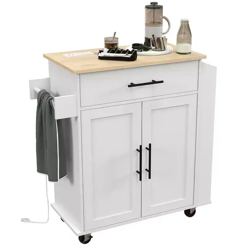 HOMCOM Isola da cucina con presa di corrente, Carrello da cucina su ruote con cassetto portaoggetti, Supporto portamicroonde portatile con ante, Portasciugamani, Portaspezie