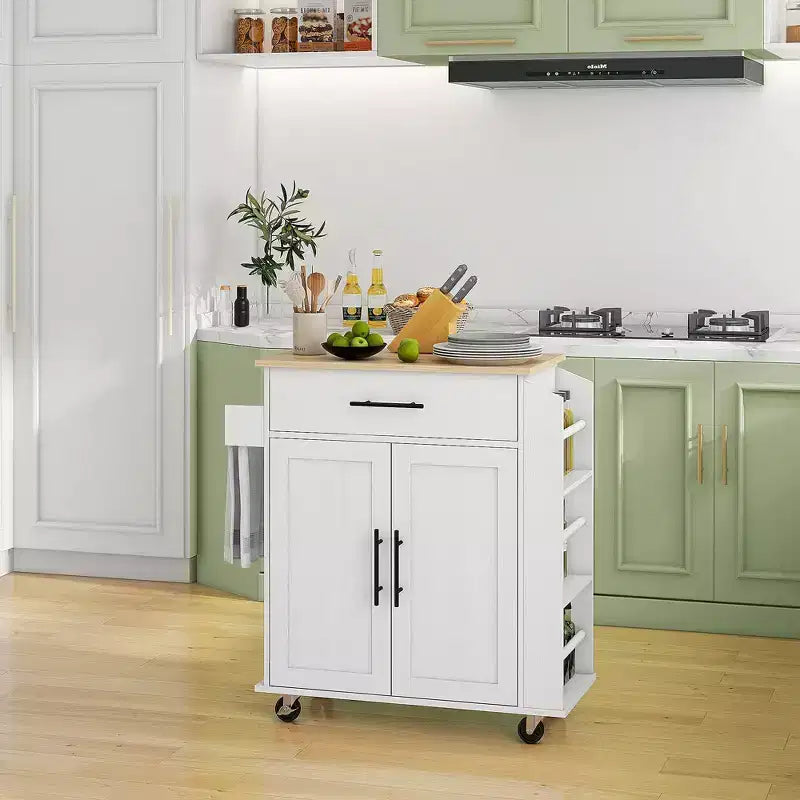 HOMCOM Isola da cucina con presa di corrente, Carrello da cucina su ruote con cassetto portaoggetti, Supporto portamicroonde portatile con ante, Portasciugamani, Portaspezie