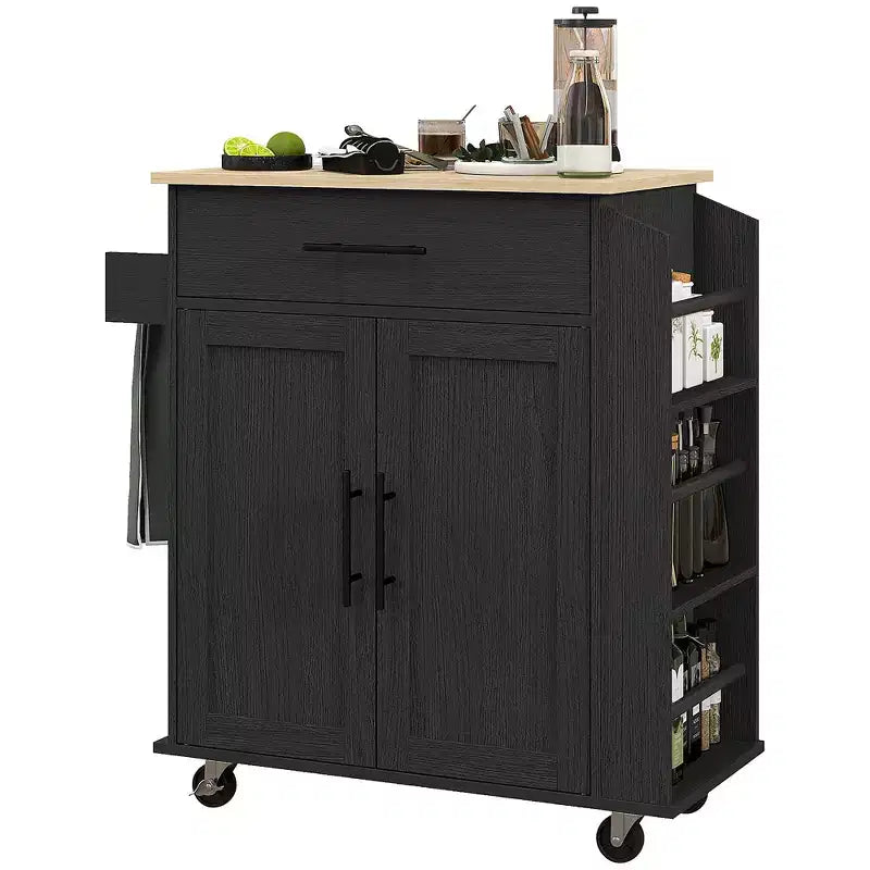 HOMCOM Isola da cucina con presa di corrente, Carrello da cucina su ruote con cassetto portaoggetti, Supporto portamicroonde portatile con ante, Portasciugamani, Portaspezie