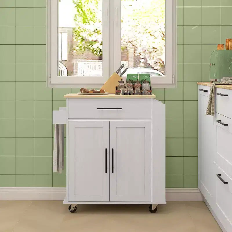HOMCOM Isola da cucina con presa di corrente, Carrello da cucina su ruote con cassetto portaoggetti, Supporto portamicroonde portatile con ante, Portasciugamani, Portaspezie