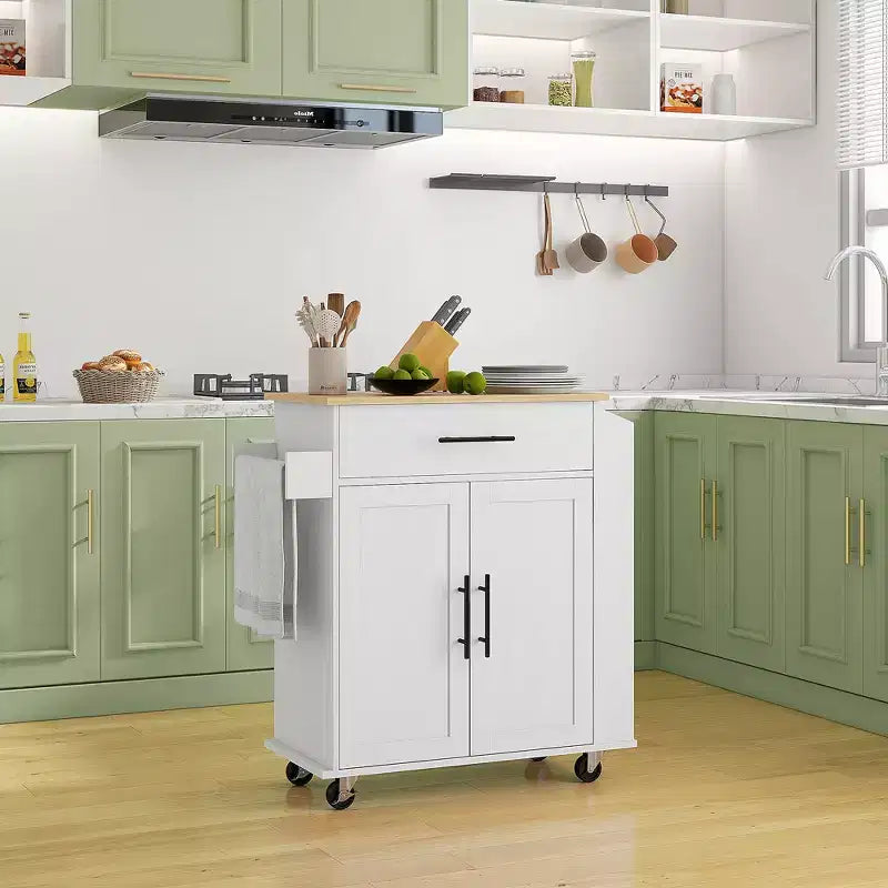 HOMCOM Isola da cucina con presa di corrente, Carrello da cucina su ruote con cassetto portaoggetti, Supporto portamicroonde portatile con ante, Portasciugamani, Portaspezie