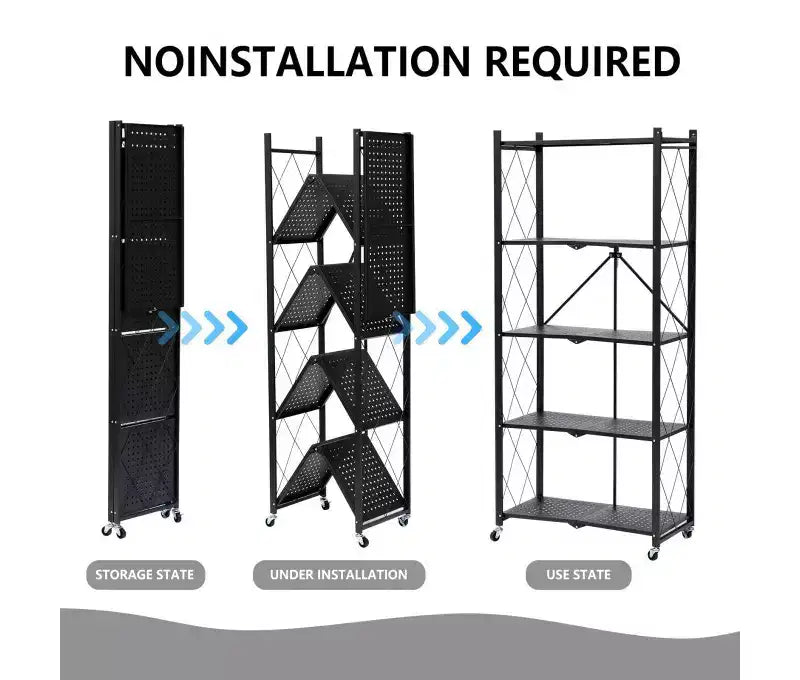 Scaffale portaoggetti pieghevole a 5 ripiani con ruote, portata 340 kg, nessuna necessità di montaggio, in acciaio nero