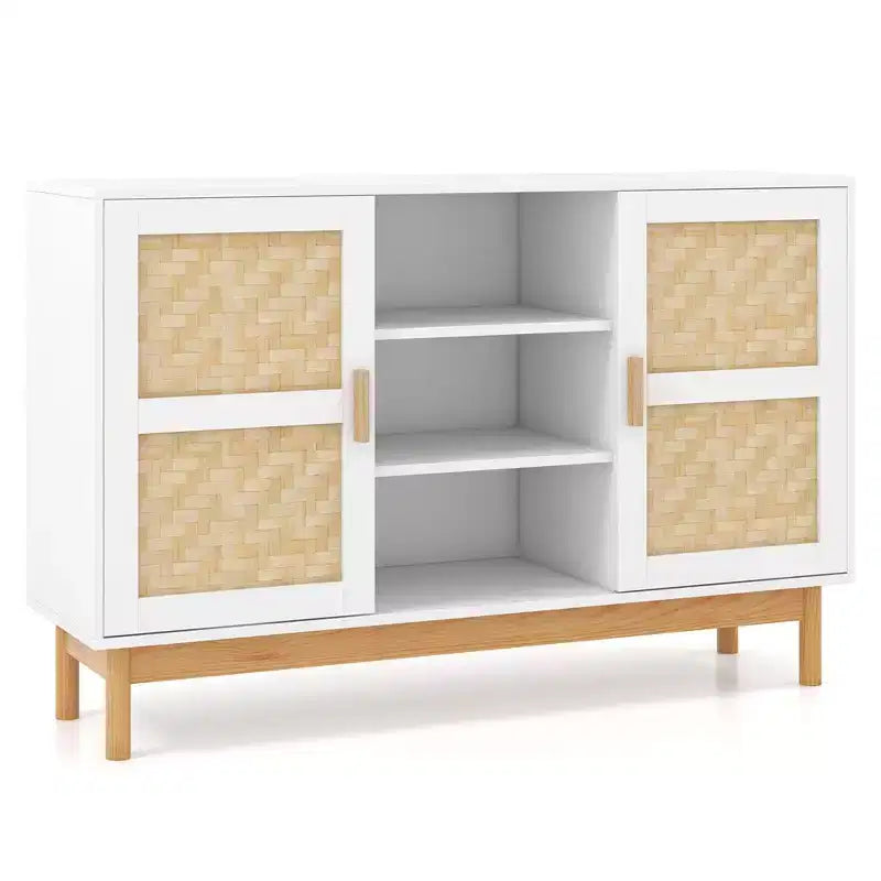 Costway Madia Credenza 48 con 2 Ante Intrecciate in Bambù e 3 Ripiani Aperti per Cucina Bianco