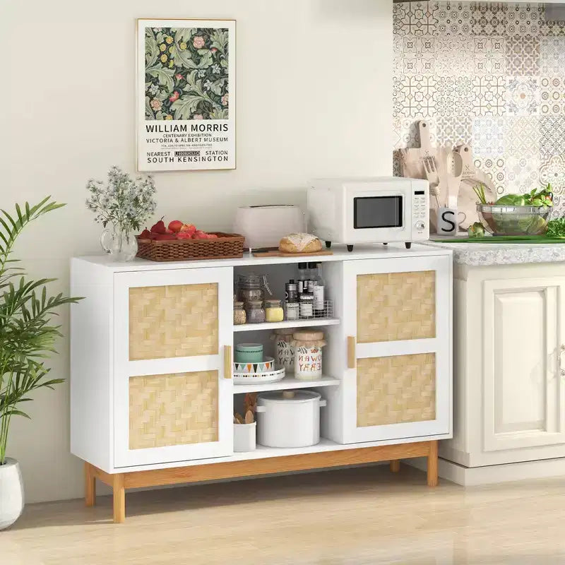 Costway Madia Credenza 48 con 2 Ante Intrecciate in Bambù e 3 Ripiani Aperti per Cucina Bianco