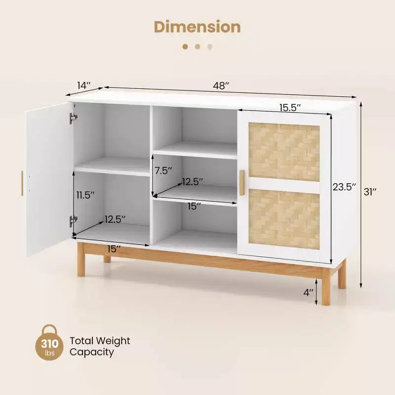 Costway Madia Credenza 48 con 2 Ante Intrecciate in Bambù e 3 Ripiani Aperti per Cucina Bianco