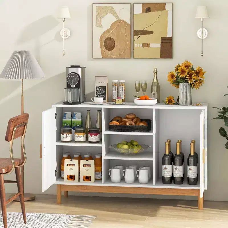 Costway Madia Credenza 48 con 2 Ante Intrecciate in Bambù e 3 Ripiani Aperti per Cucina Bianco