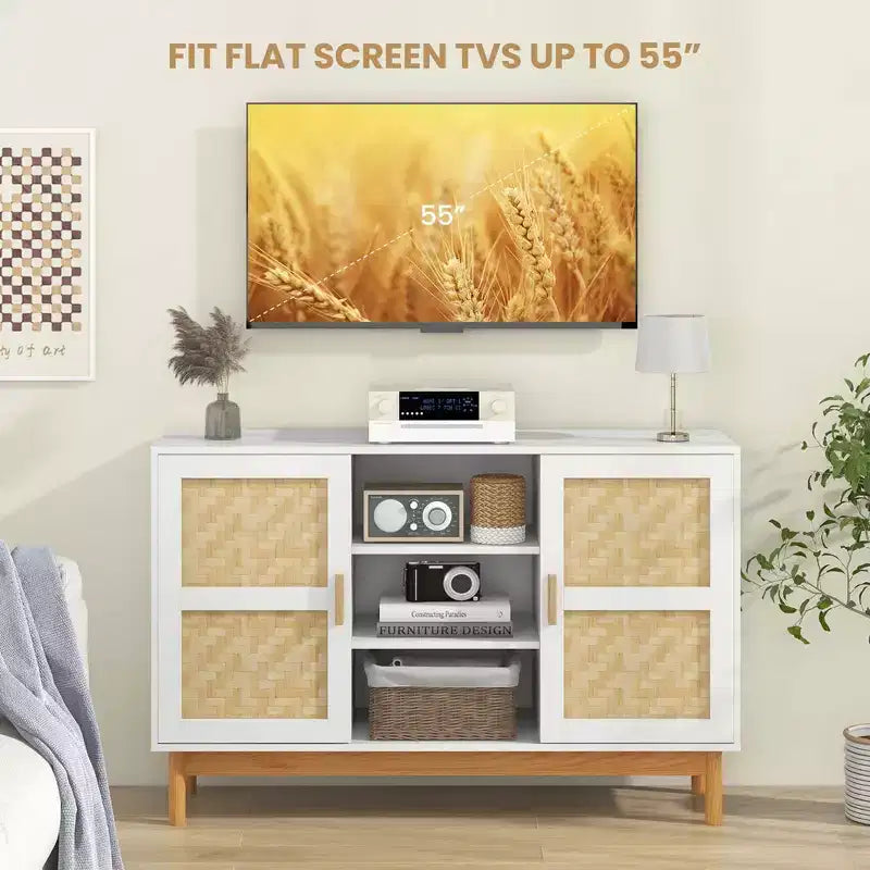 Costway Madia Credenza 48 con 2 Ante Intrecciate in Bambù e 3 Ripiani Aperti per Cucina Bianco
