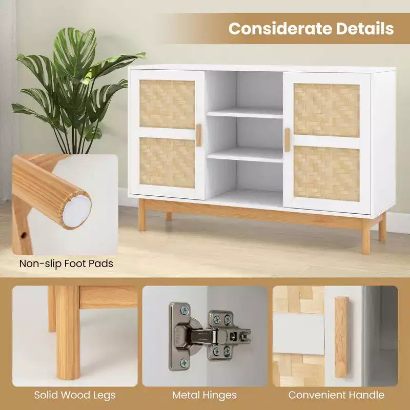 Costway Madia Credenza 48 con 2 Ante Intrecciate in Bambù e 3 Ripiani Aperti per Cucina Bianco