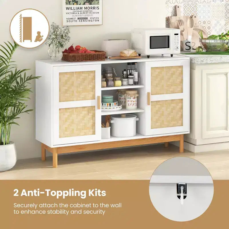 Costway Madia Credenza 48 con 2 Ante Intrecciate in Bambù e 3 Ripiani Aperti per Cucina Bianco