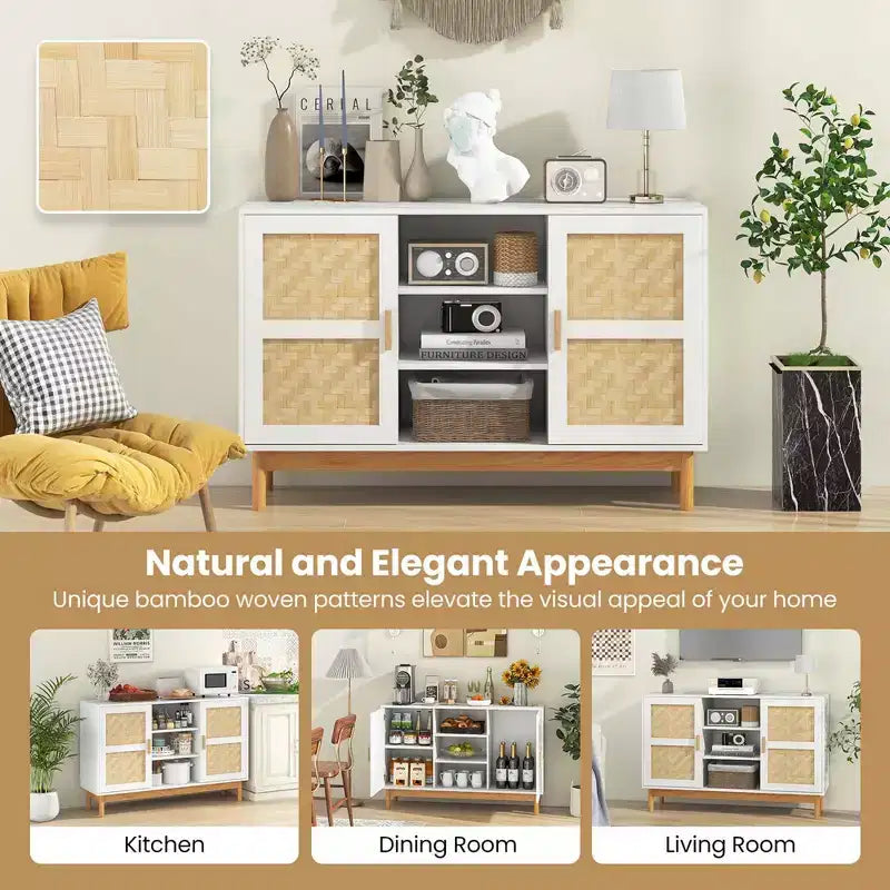 Costway Madia Credenza 48 con 2 Ante Intrecciate in Bambù e 3 Ripiani Aperti per Cucina Bianco