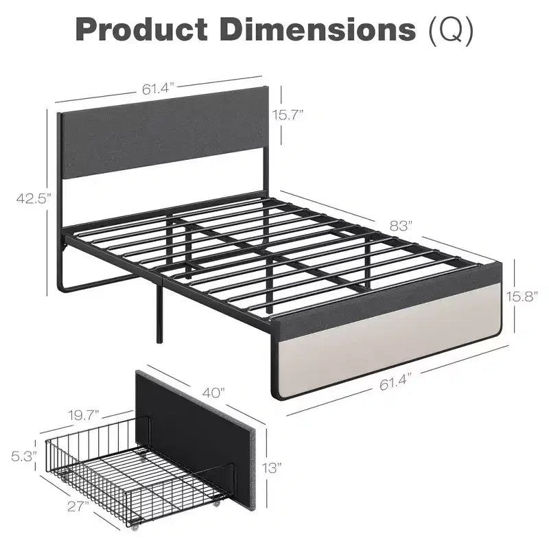 Struttura letto matrimoniale WhizMax con 2 cassetti portaoggetti, letto imbottito a piattaforma con testiera e pediera, base per materasso, supporto a doghe in acciaio