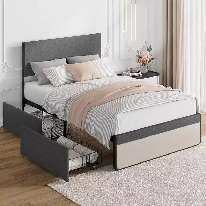 Struttura letto matrimoniale WhizMax con 2 cassetti portaoggetti, letto imbottito a piattaforma con testiera e pediera, base per materasso, supporto a doghe in acciaio