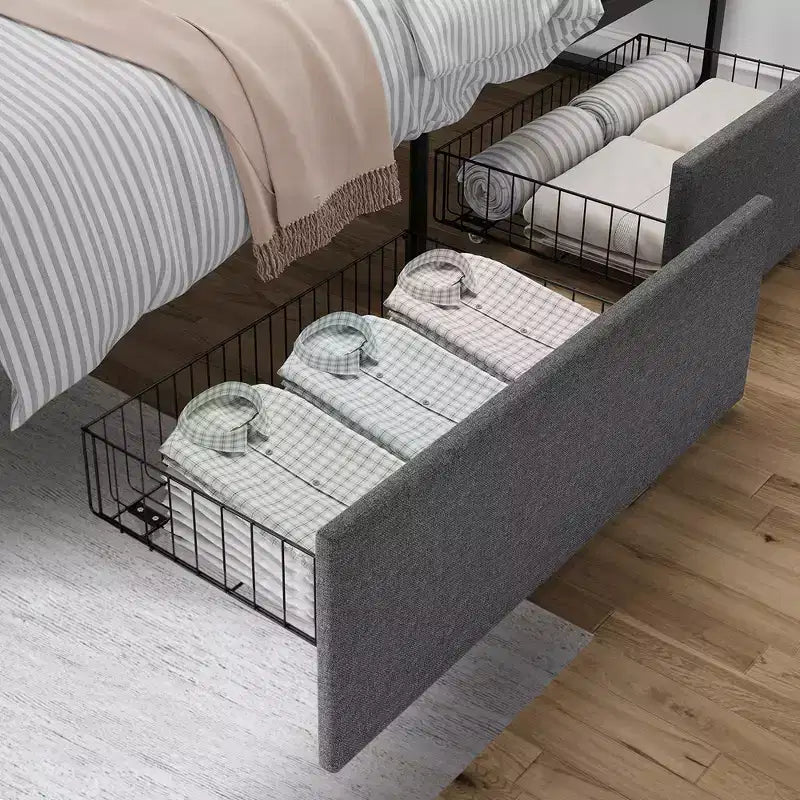 Struttura letto matrimoniale WhizMax con 2 cassetti portaoggetti, letto imbottito a piattaforma con testiera e pediera, base per materasso, supporto a doghe in acciaio