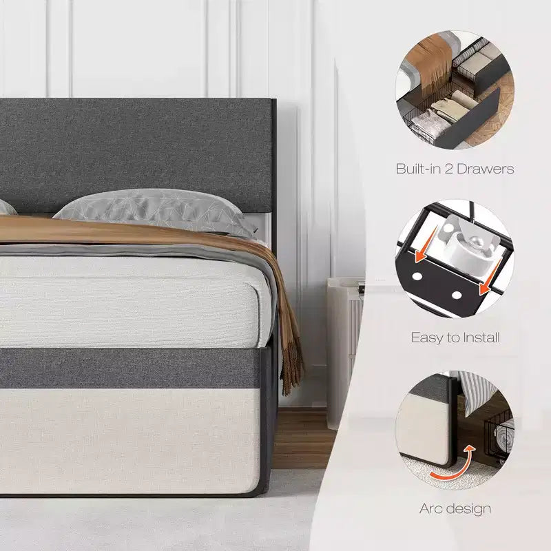 Struttura letto matrimoniale WhizMax con 2 cassetti portaoggetti, letto imbottito a piattaforma con testiera e pediera, base per materasso, supporto a doghe in acciaio