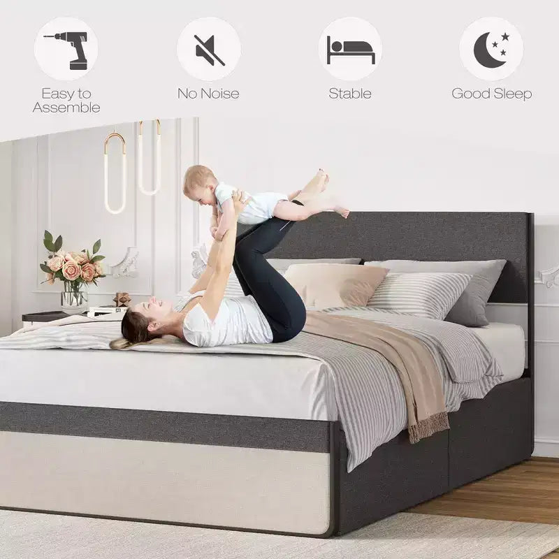 Struttura letto matrimoniale WhizMax con 2 cassetti portaoggetti, letto imbottito a piattaforma con testiera e pediera, base per materasso, supporto a doghe in acciaio