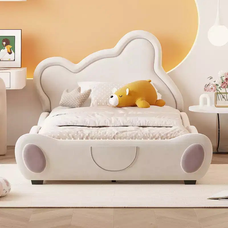 Letto a piattaforma imbottito in velluto Twin/Full/Queen Size con testiera a forma di orso e tasca portaoggetti a fondo letto 4W - ModernLuxe