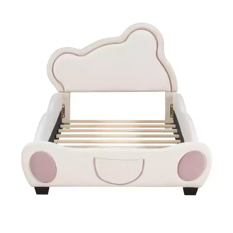 Letto a piattaforma imbottito in velluto Twin/Full/Queen Size con testiera a forma di orso e tasca portaoggetti a fondo letto 4W - ModernLuxe