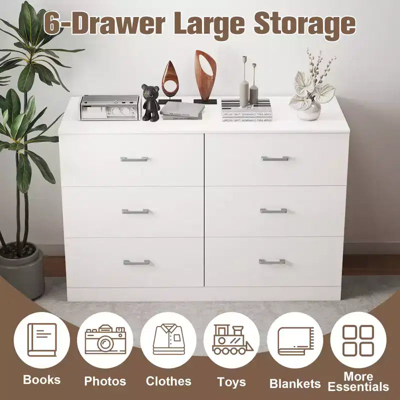 Comò alto a 6 cassetti per camera da letto in MDF con finitura antigraffio, bianco