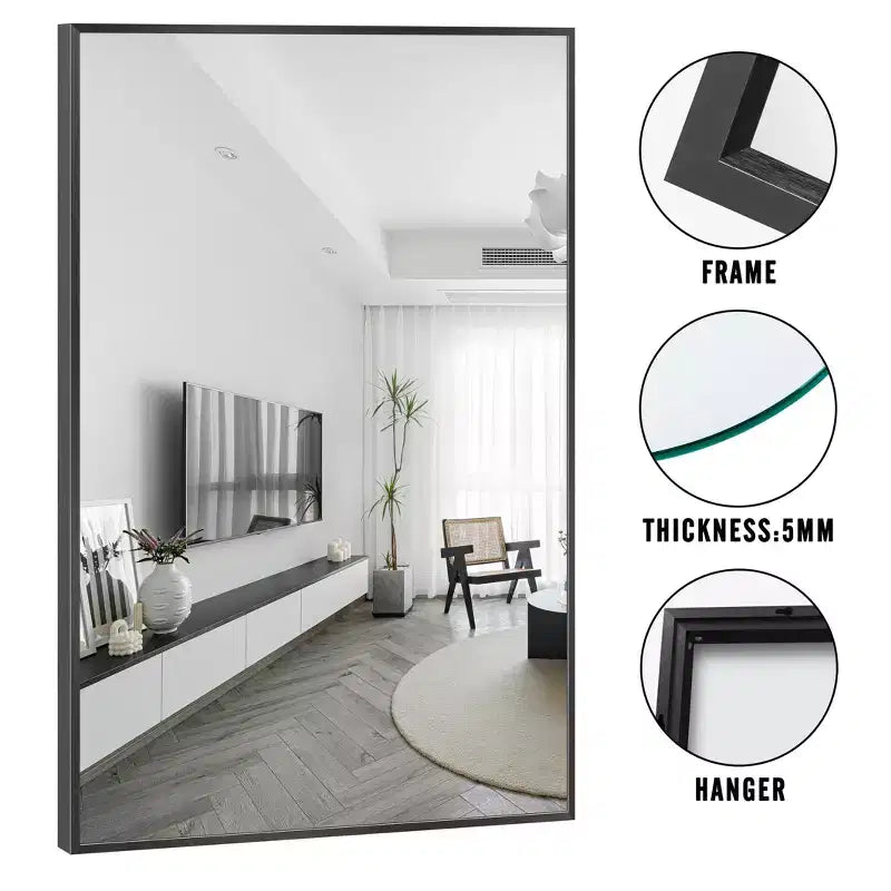 Dovelina Specchio Moderno Rettangolare da Parete Nero con Bordo Sottile in Alluminio Decorativo