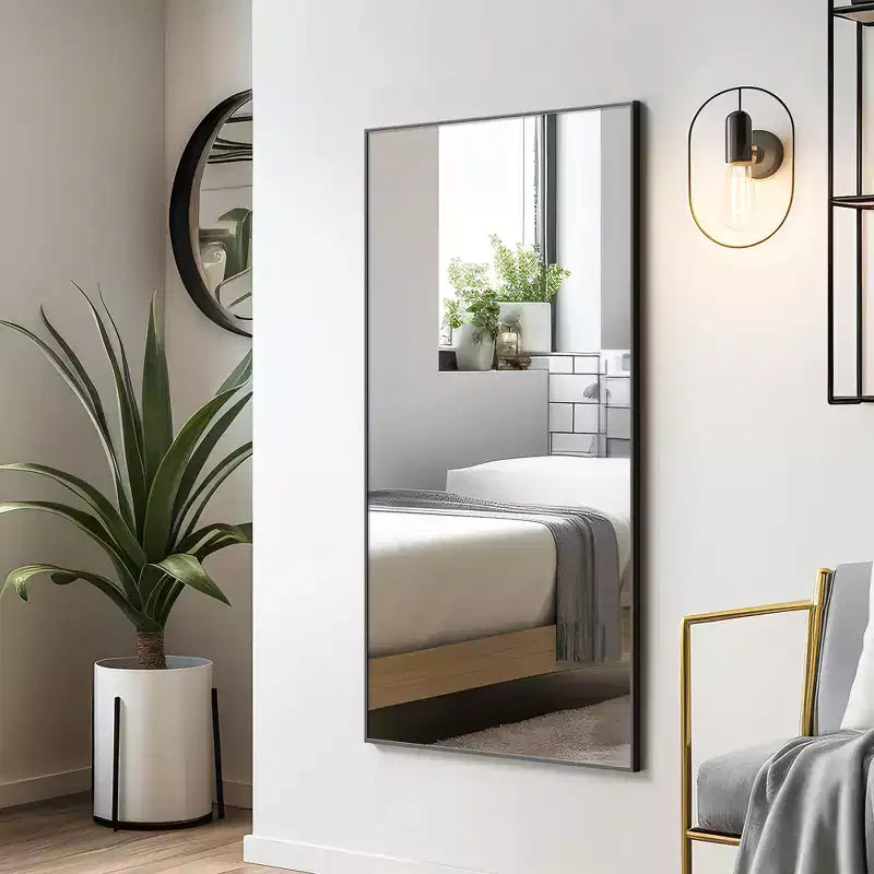 Dovelina Specchio Moderno Rettangolare da Parete Nero con Bordo Sottile in Alluminio Decorativo