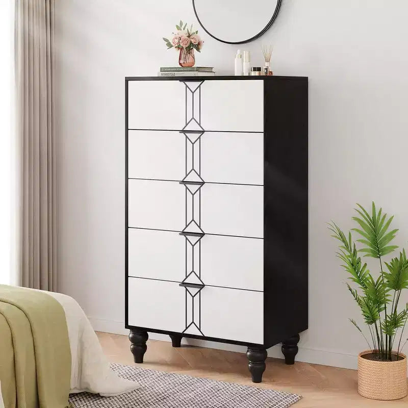 Whizmax Modern Wooden 5 Drawer Dresser with Vintage Pattern Design, Tall Dresser with Deep Drawers for Bedroom and Living Room, Black and White