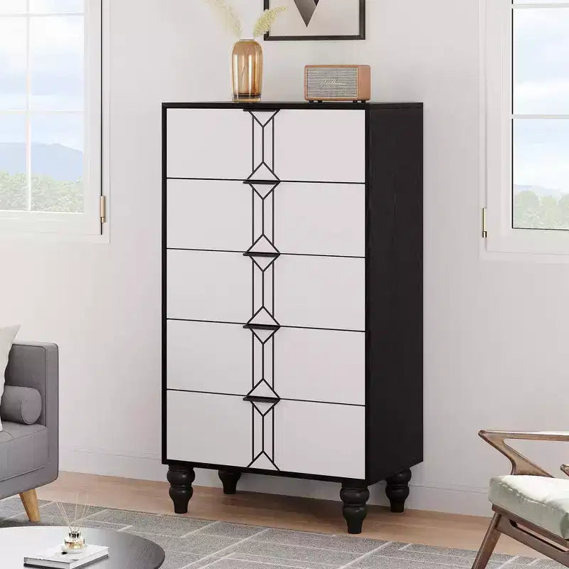 Cassettiera moderna in legno Whizmax a 5 cassetti con motivo vintage, cassettiera alta con cassetti profondi per camera da letto e soggiorno, bianco e nero
