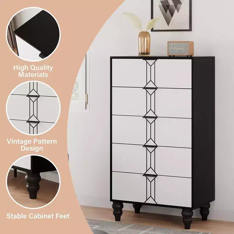 Cassettiera moderna in legno Whizmax a 5 cassetti con motivo vintage, cassettiera alta con cassetti profondi per camera da letto e soggiorno, bianco e nero