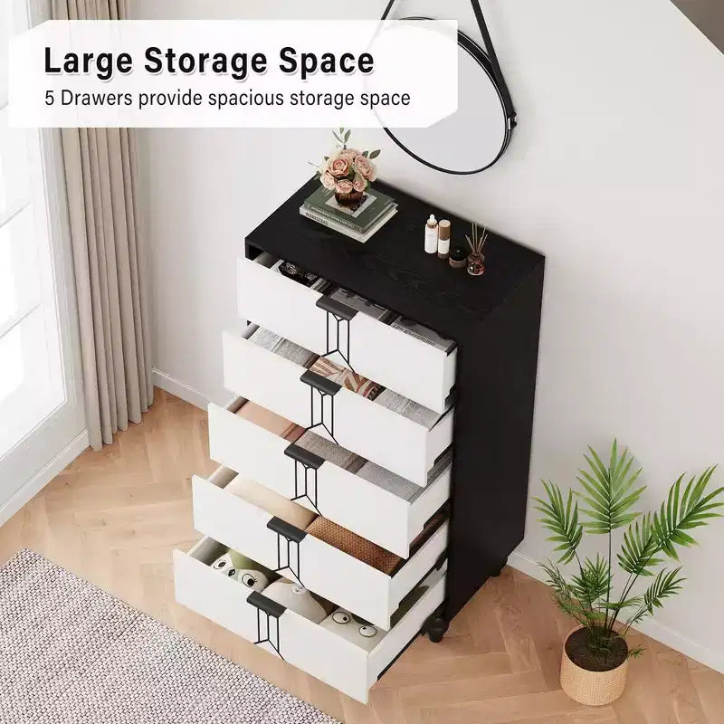Cassettiera moderna in legno Whizmax a 5 cassetti con motivo vintage, cassettiera alta con cassetti profondi per camera da letto e soggiorno, bianco e nero