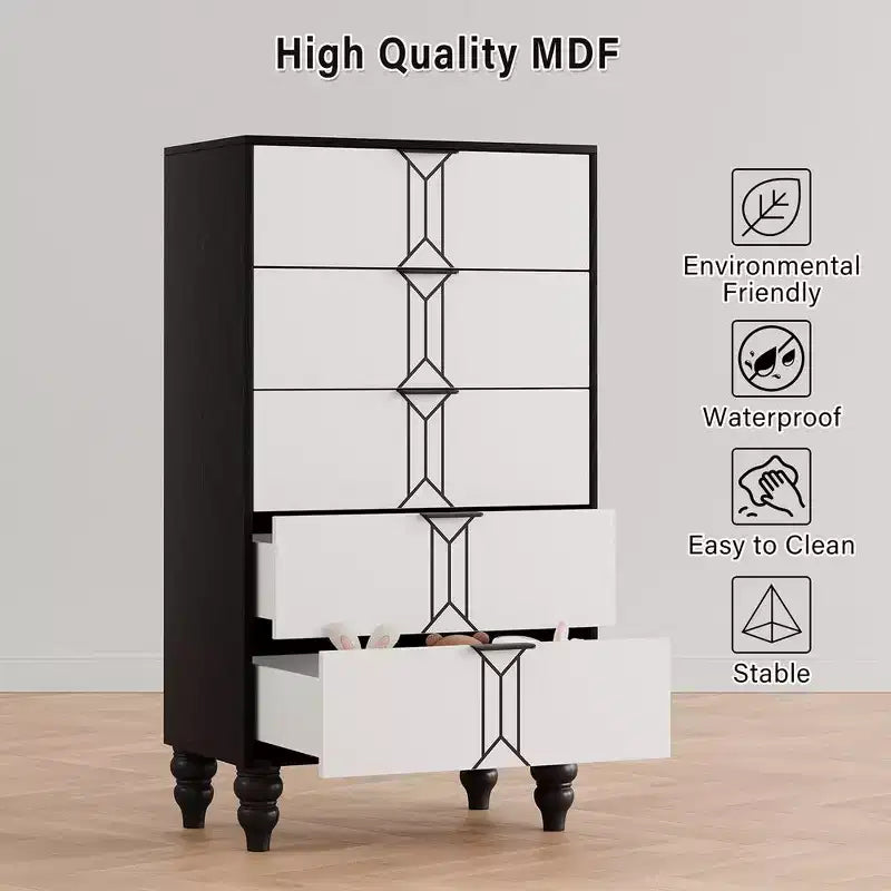 Cassettiera moderna in legno Whizmax a 5 cassetti con motivo vintage, cassettiera alta con cassetti profondi per camera da letto e soggiorno, bianco e nero