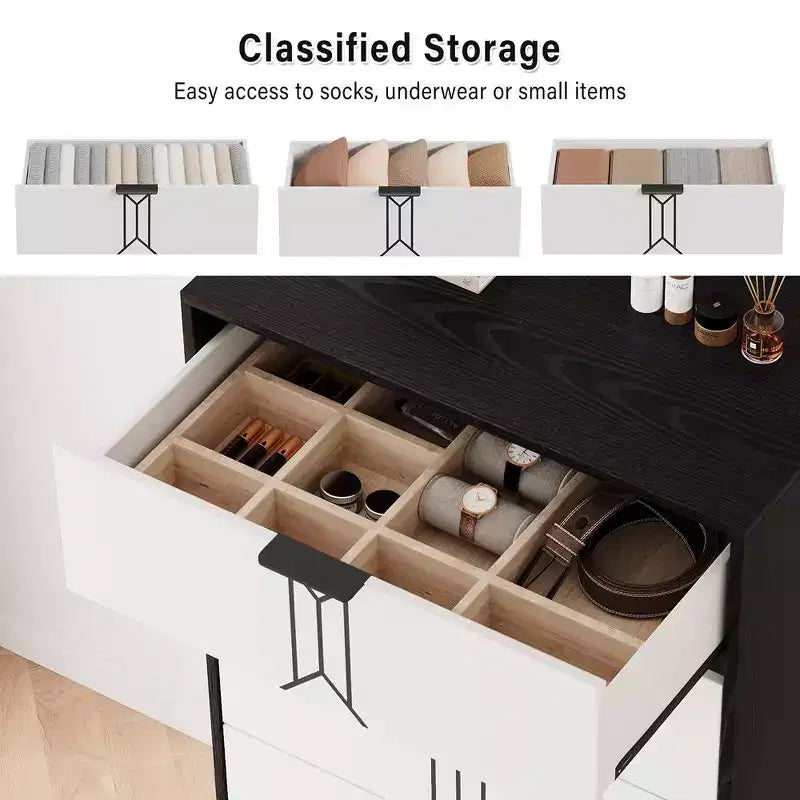 Cassettiera moderna in legno Whizmax a 5 cassetti con motivo vintage, cassettiera alta con cassetti profondi per camera da letto e soggiorno, bianco e nero