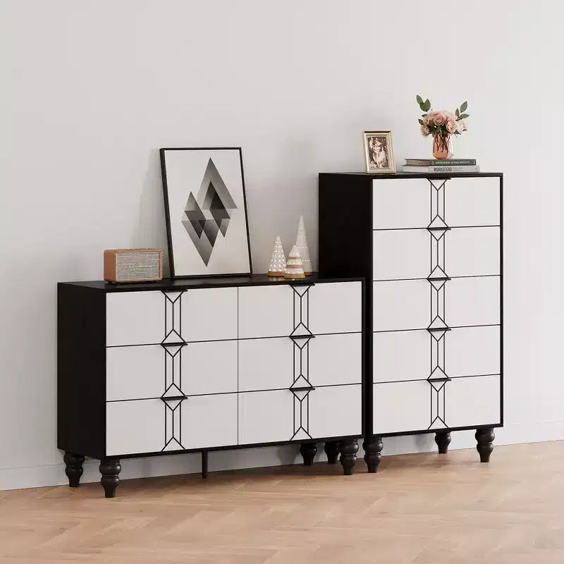 Cassettiera moderna in legno Whizmax a 5 cassetti con motivo vintage, cassettiera alta con cassetti profondi per camera da letto e soggiorno, bianco e nero