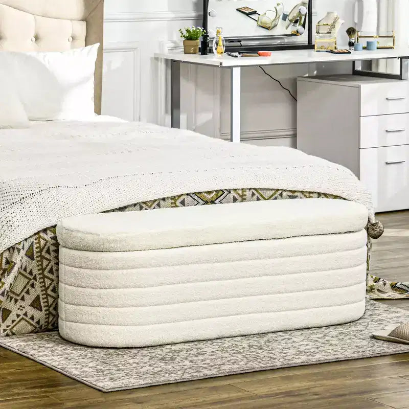 Panca da fondo letto HOMCOM, panca contenitore rivestita in pile Teddy con struttura in legno per soggiorno, ingresso, camera da letto, bianco crema
