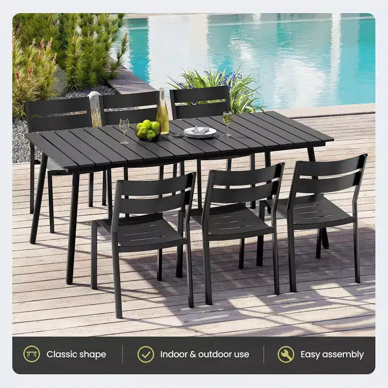 Crestlive Products Tavolo da Pranzo da Esterno per Patio Effetto Legno, Telaio in Alluminio, Foro per Ombrellone