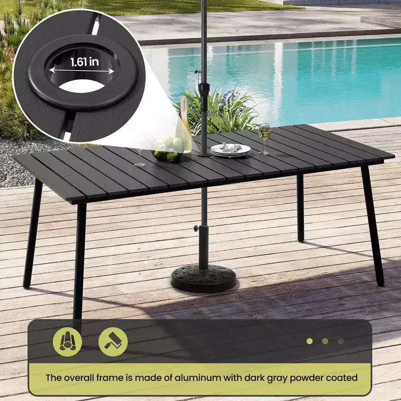 Crestlive Products Tavolo da Pranzo da Esterno per Patio Effetto Legno, Telaio in Alluminio, Foro per Ombrellone