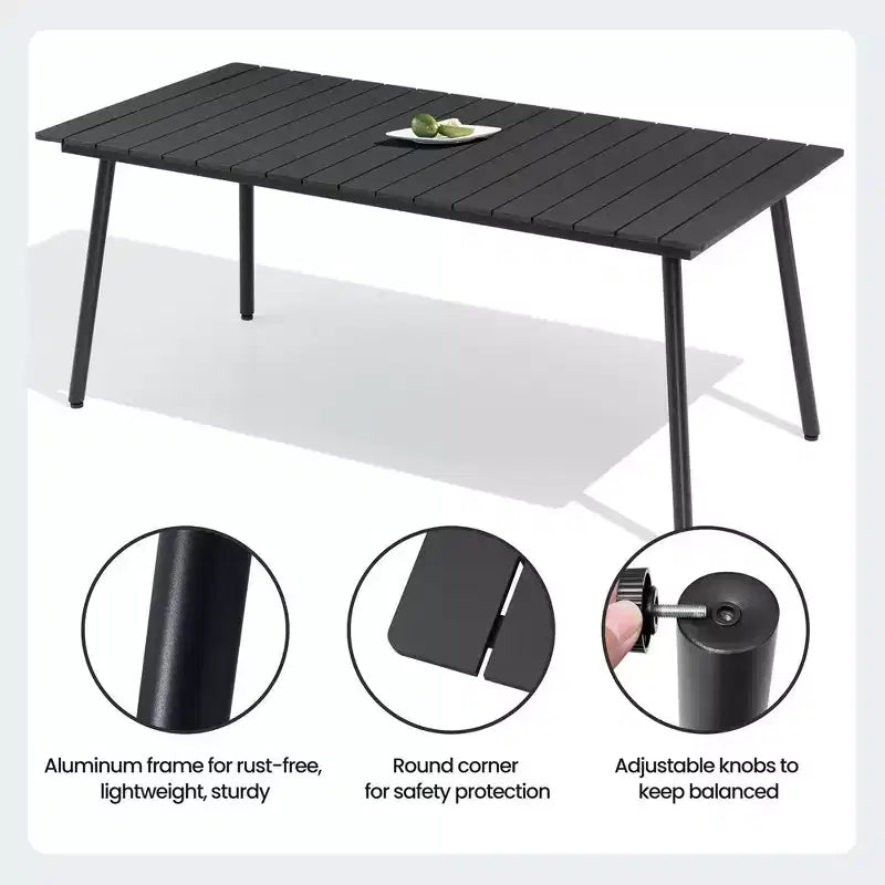 Crestlive Products Tavolo da Pranzo da Esterno per Patio Effetto Legno, Telaio in Alluminio, Foro per Ombrellone