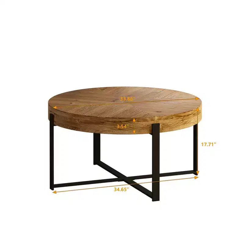 33.86/31.29 Tavolino da caffè rotondo Tavolino da caffè moderno circolare con piano in legno d'abete e base a gambe incrociate