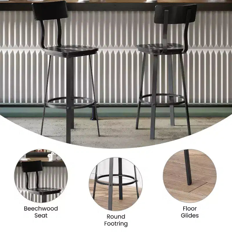 Sgabello da bar per ristorante Flash Furniture con sedile e schienale in legno e struttura verniciata a polvere