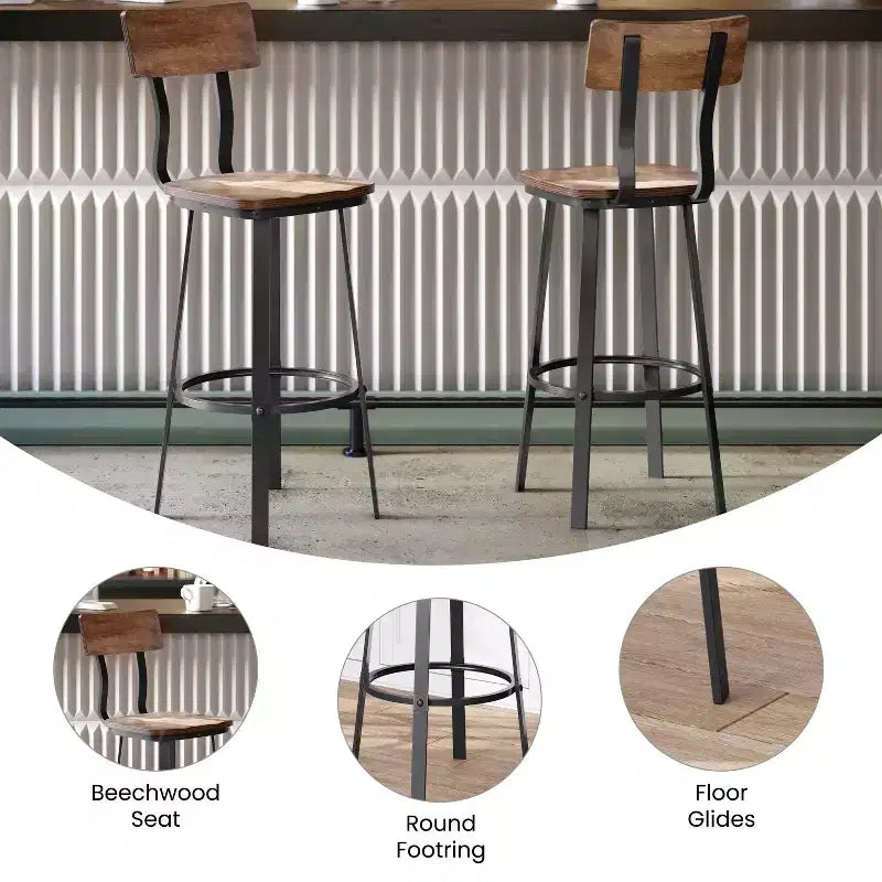 Sgabello da bar per ristorante Flash Furniture con sedile e schienale in legno e struttura verniciata a polvere