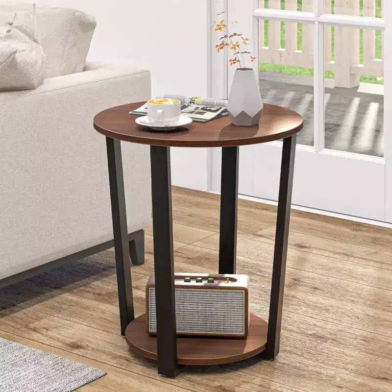 Tavolino da Divano a 2 Livelli Costway con Ripiano Aperto, Tavolino da Salotto con Struttura in Metallo, Comodino Industriale per Arredamento Rustico