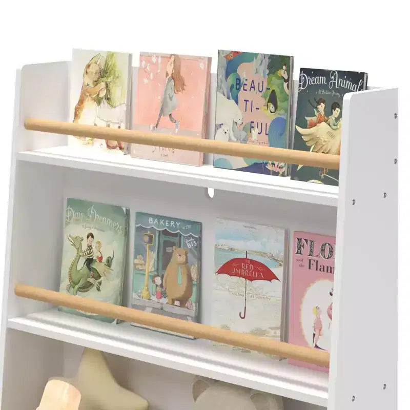 Scaffale per libri per bambini con organizer per giocattoli, libreria in legno a 3 livelli per bambini, organizer per giocattoli con gambe, libreria per la cameretta dei bambini, bianco