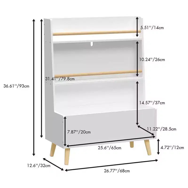Scaffale per libri per bambini con organizer per giocattoli, libreria in legno a 3 livelli per bambini, organizer per giocattoli con gambe, libreria per la cameretta dei bambini, bianco