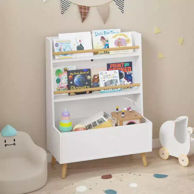 Scaffale per libri per bambini con organizer per giocattoli, libreria in legno a 3 livelli per bambini, organizer per giocattoli con gambe, libreria per la cameretta dei bambini, bianco