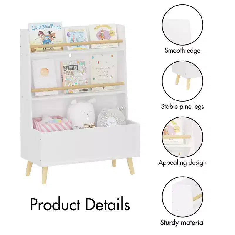 Scaffale per libri per bambini con organizer per giocattoli, libreria in legno a 3 livelli per bambini, organizer per giocattoli con gambe, libreria per la cameretta dei bambini, bianco