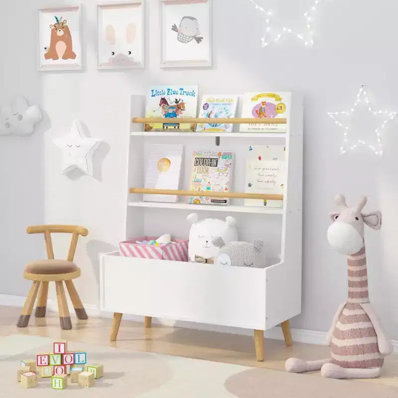 Scaffale per libri per bambini con organizer per giocattoli, libreria in legno a 3 livelli per bambini, organizer per giocattoli con gambe, libreria per la cameretta dei bambini, bianco