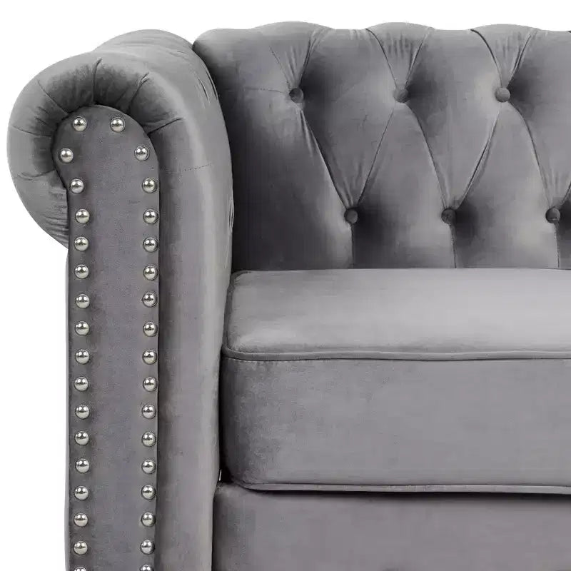 Divano a 3 posti con braccioli arrotolati stile Chesterfield da 82 pollici con cuscini rimovibili in grigio - Morden Fort