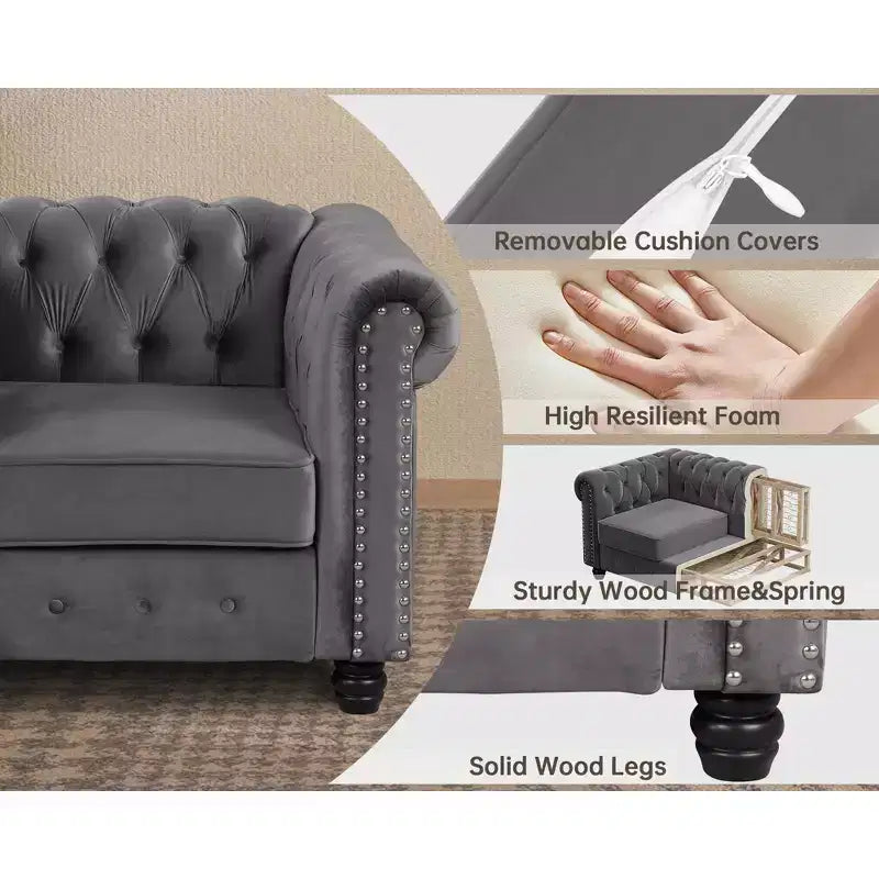 Divano a 3 posti con braccioli arrotolati stile Chesterfield da 82 pollici con cuscini rimovibili in grigio - Morden Fort