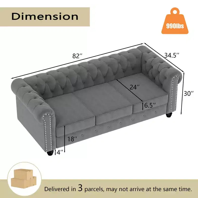 Divano a 3 posti con braccioli arrotolati stile Chesterfield da 82 pollici con cuscini rimovibili in grigio - Morden Fort