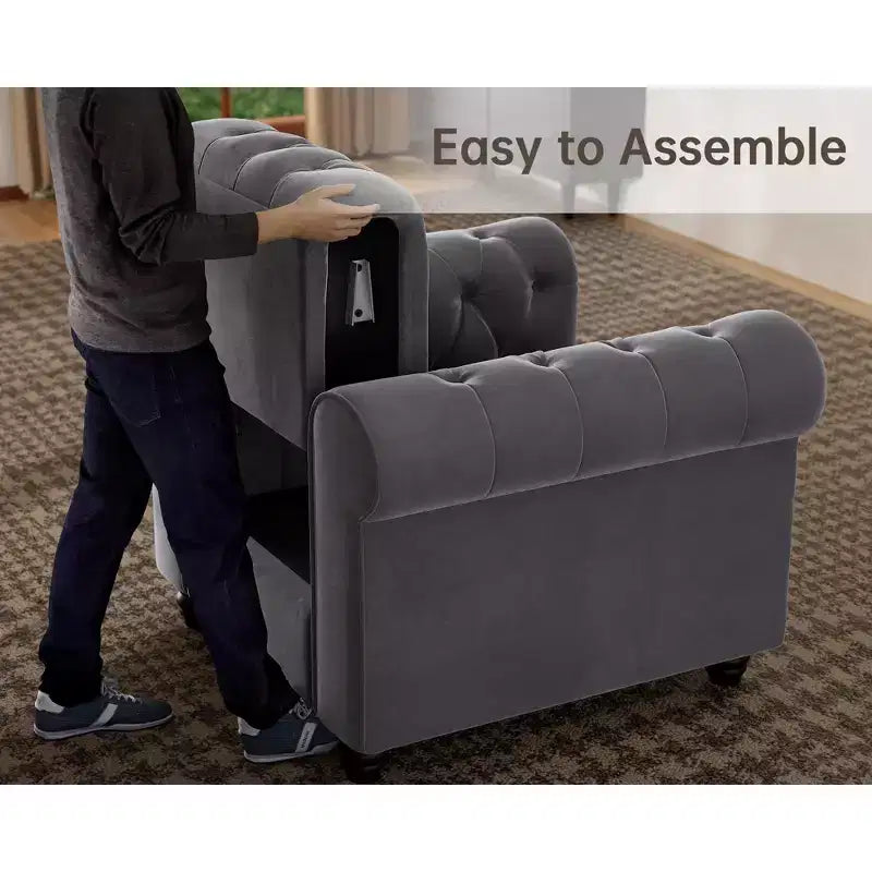 Divano a 3 posti con braccioli arrotolati stile Chesterfield da 82 pollici con cuscini rimovibili in grigio - Morden Fort