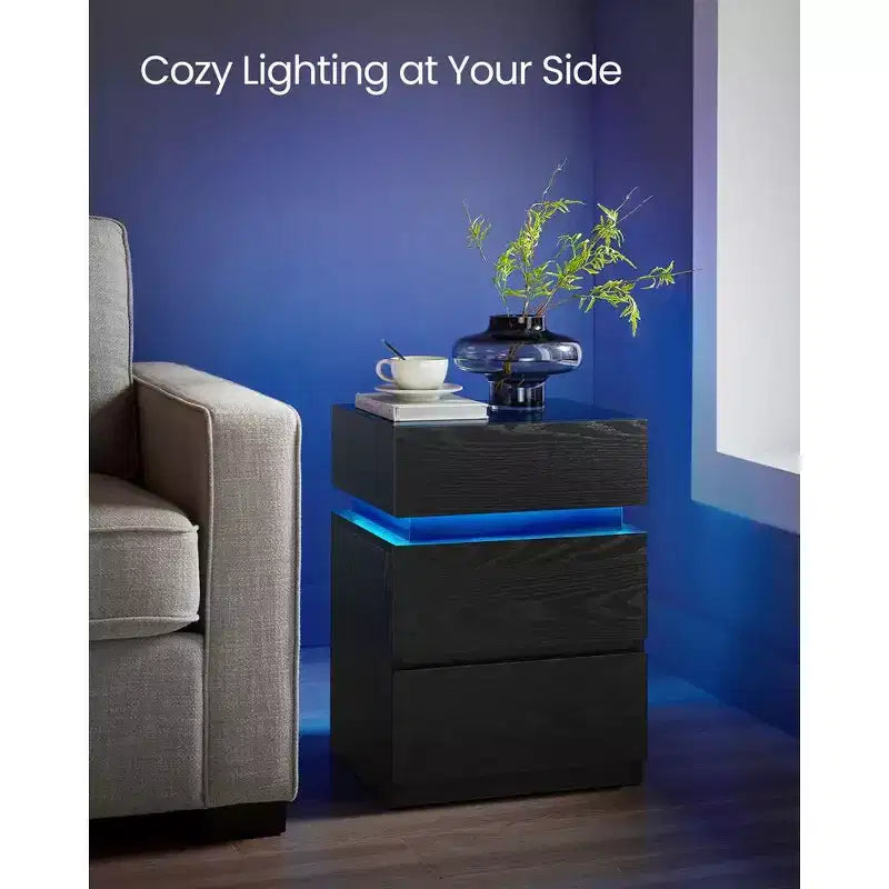 VASAGLE Comodino con luci LED, Colori della Luce Regolabili, Tavolino da Notte, Tavolino Laterale con 3 Cassetti, 35 x 40 x 55 cm