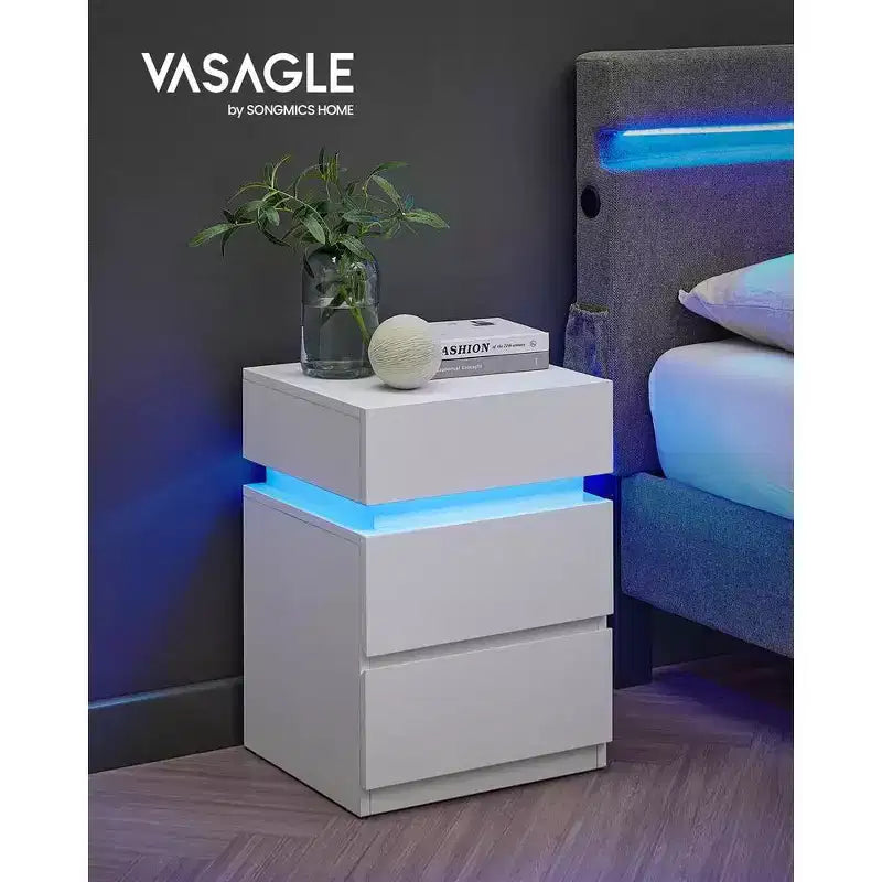 VASAGLE Comodino con luci LED, Colori della Luce Regolabili, Tavolino da Notte, Tavolino Laterale con 3 Cassetti, 35 x 40 x 55 cm
